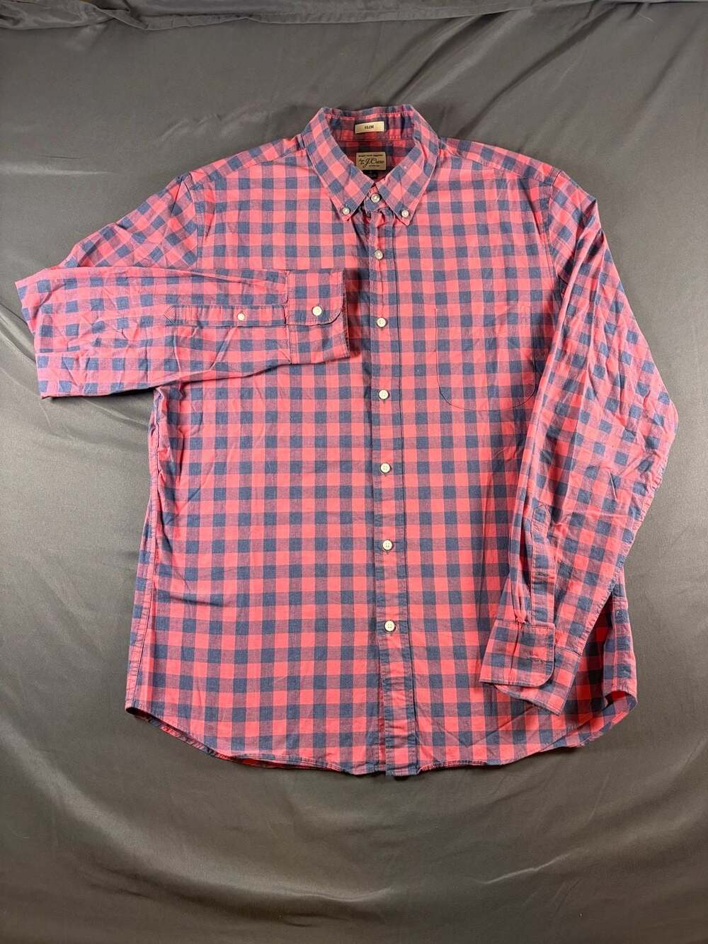 J.Crew Secret Wash Gingham Slim Shirt Mens Size L Pink Blue Stretch